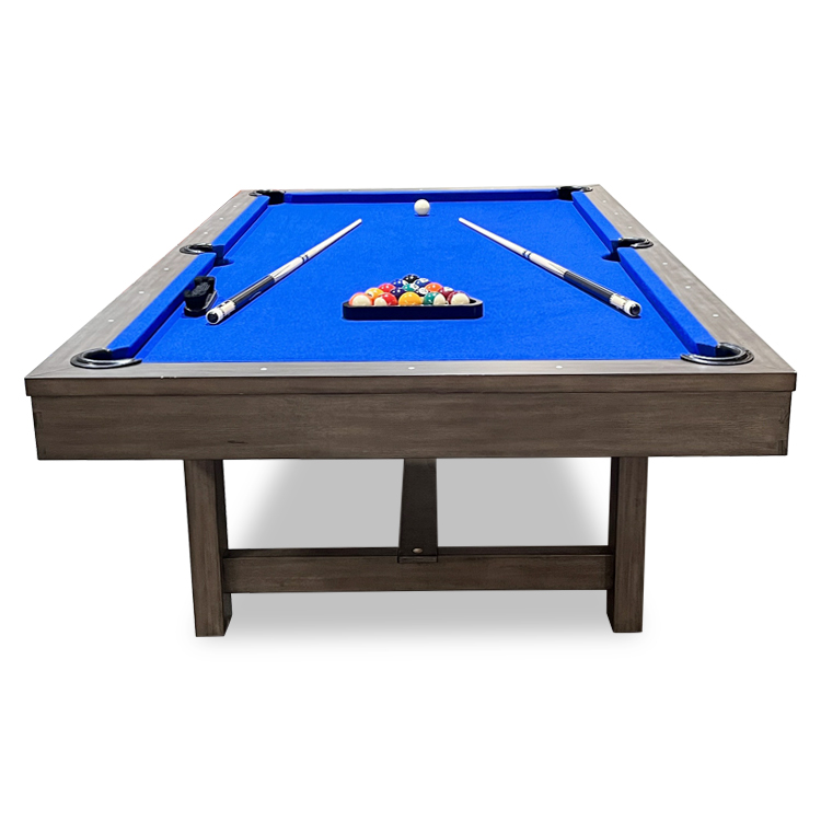 Pool table with grey wool cloth X-shaped legs
