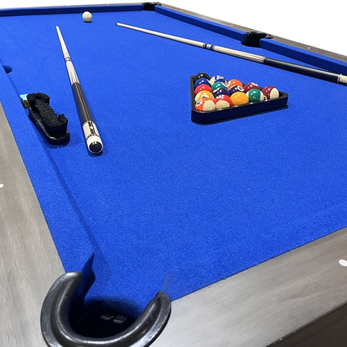 Pool table with grey wool cloth X-shaped legs