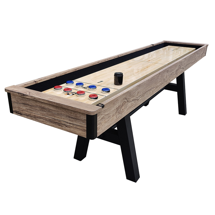 Baked Black Sand Finish Shuffleboard With Wood Grain Court Scoring Table