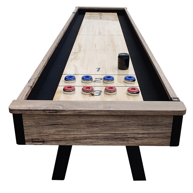Baked Black Sand Finish Shuffleboard With Wood Grain Court Scoring Table